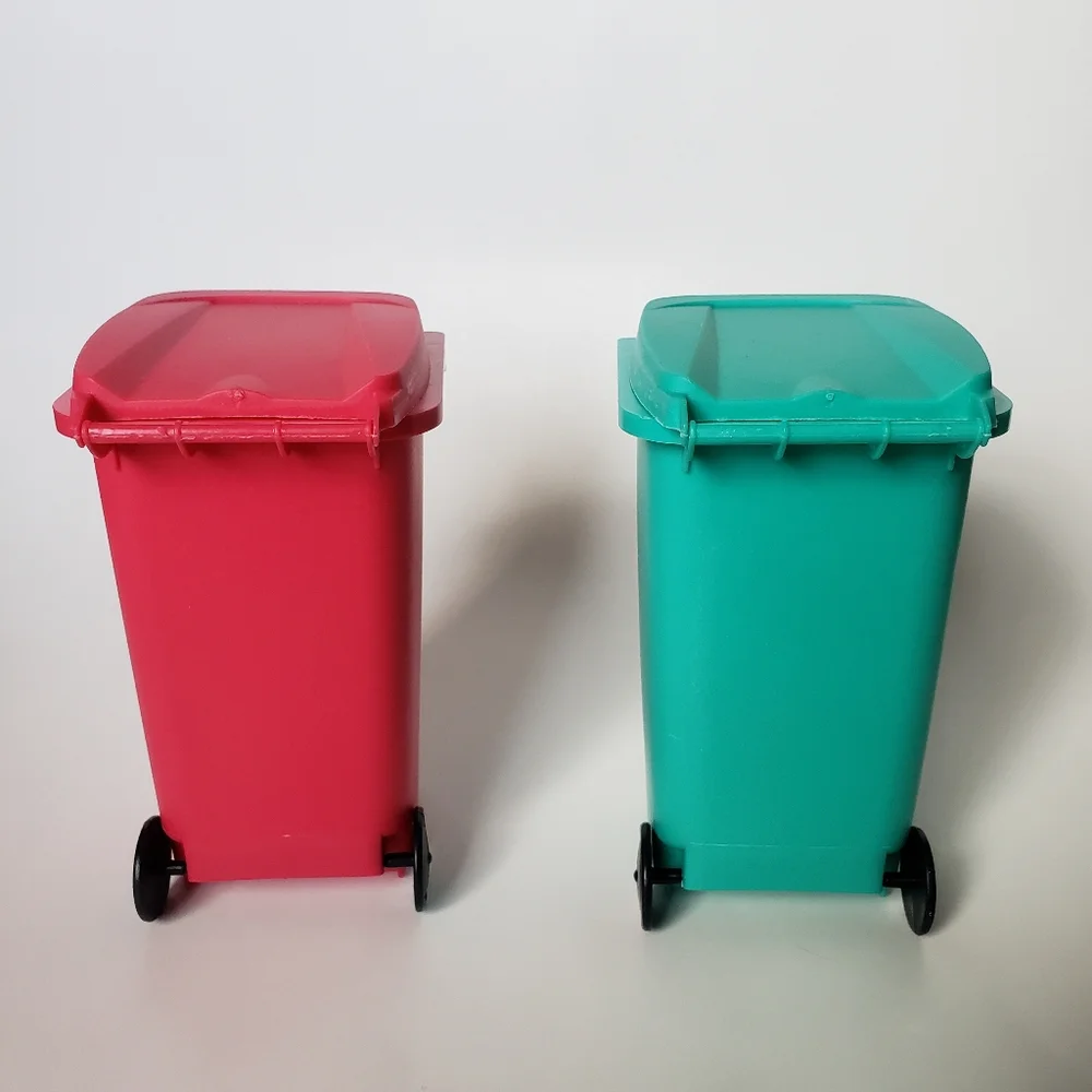 Mini Desk Wheelie Trash Bin Pen Pencil Holder Pink